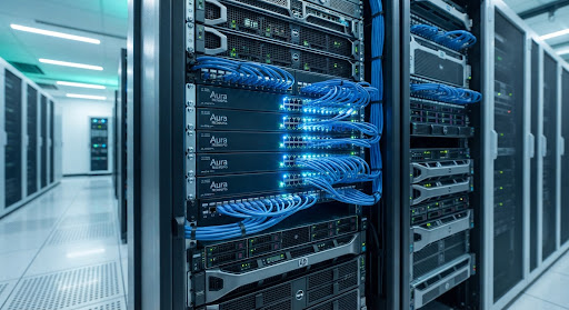 Rack-mounted enterprise switches with blue patch cables in a datacenter