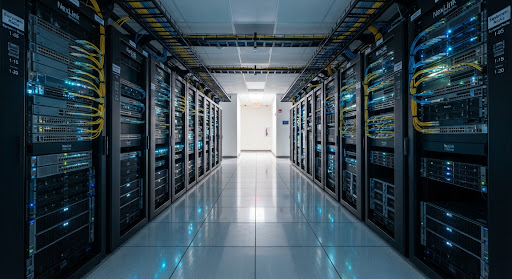 A clean, state-of-the-art enterprise datacenter aisle with racks of fiber-optic network switches and servers glowing with subtle blue and cyan status LEDs. Clean polished reflection floor, industrial symmetry, atmospheric perspective, high precision enterprise networking aesthetic.