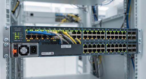 Close-up detail of Cisco Catalyst 9300 front panel with 48 copper RJ-45 Gigabit PoE+ ports and illuminated network activity status LEDs